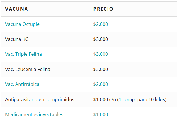 Tabla de valores vacunas y procedimientos básicos del programa Veterinario en tu Barrio Peñalolén.